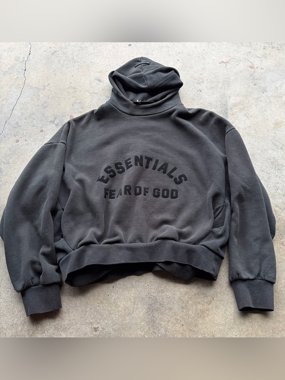 Fear Of God Essentials Hoodie Black Oversized Crop Boxy Faded Pocket